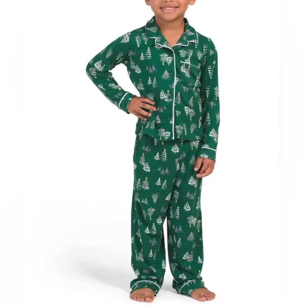 TAHARI Family Matching PJ Winter Green White Pine Christmas Trees Yellow Star